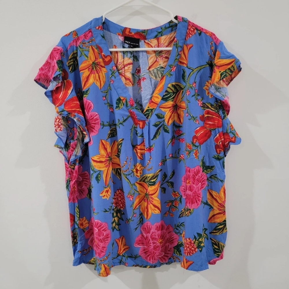 JNY Jones New York Blouse Top Sz 2x Woman Plus Blue Floral V-neck Flutter Sleeve